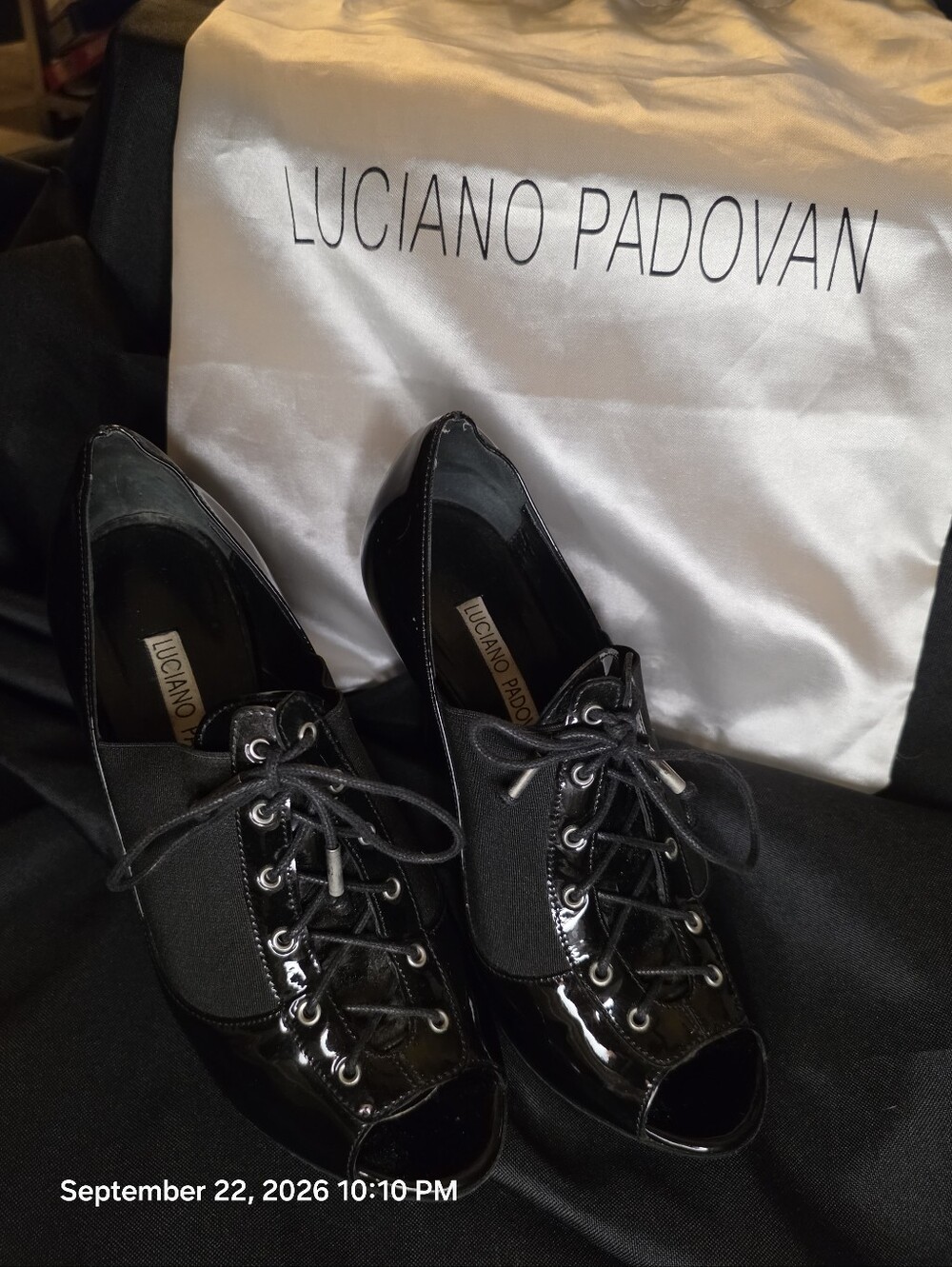 Luciano Padovan Black Patent Leather Lace-Up Peep Toe Pumps Italy